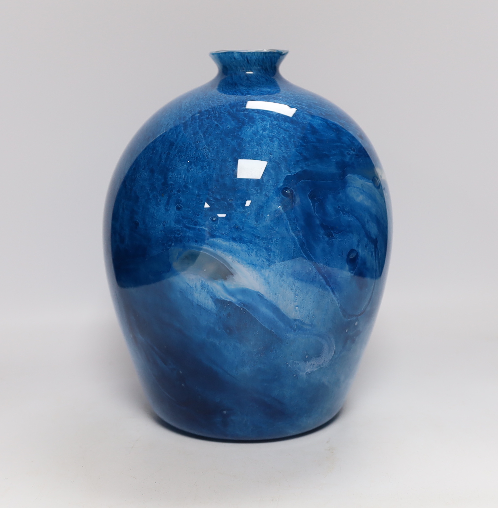 A blue Graystan glass vase, 1930's, signed to the base, 29cm high